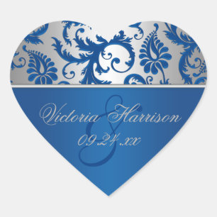 Cœur Sticker en forme de coeur en argent et bleu Damas