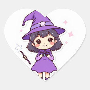 Cœur Sticker fille sorcière Kawaii Chibi
