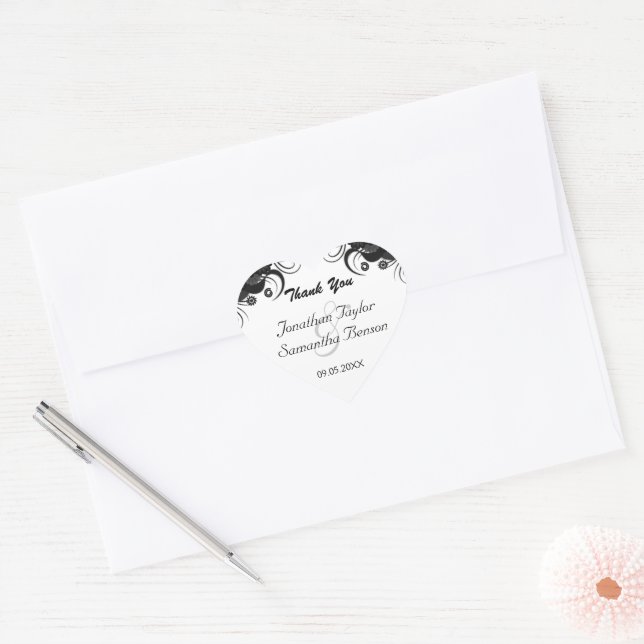 Cœur Sticker Fleur Noir et Blanc Coeur Mariage Faveur (Enveloppe)