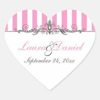 Cœur Sticker Mariage à rayures rose et blanc