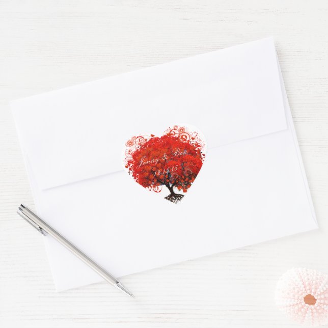 Cœur Sticker Mariage Arbre Rouge (Enveloppe)