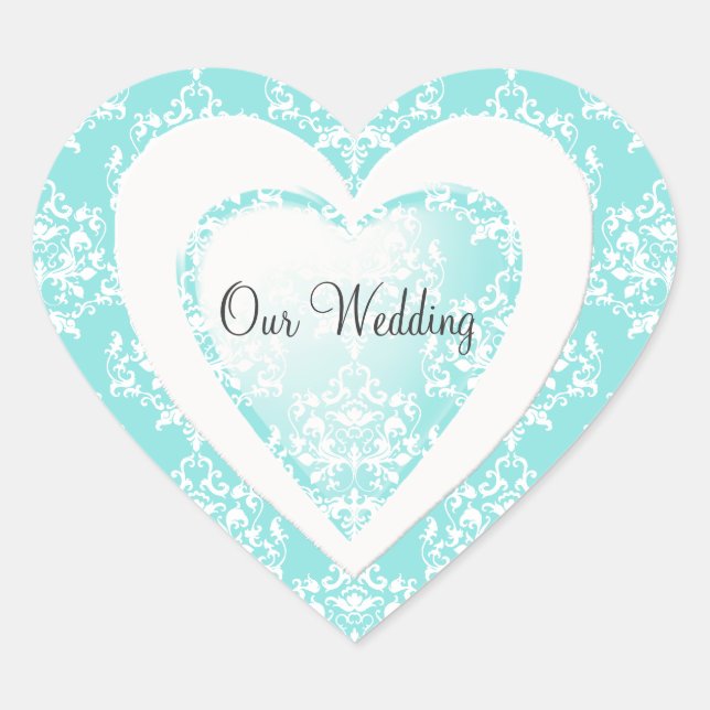 Cœur Sticker Mariage Chic Aqua Blue Damask Heart (Devant)