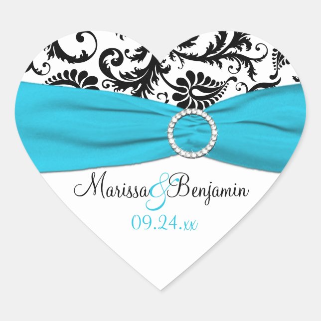 Cœur Sticker Mariage damassé bleu, blanc et noir (Devant)