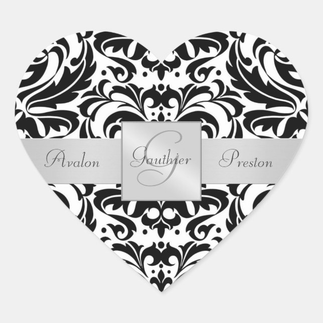 Cœur Sticker Mariage de coeur Damas noir et blanc (Devant)