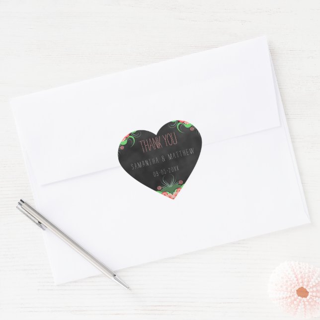 Cœur Sticker Mariage rose floral noir (Enveloppe)