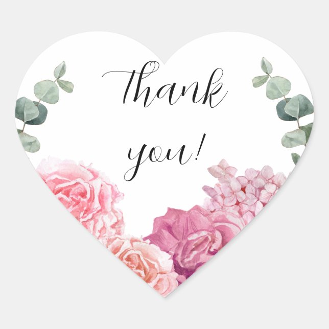 Cœur sticker Merci avec de belles fleurs roses (Devant)