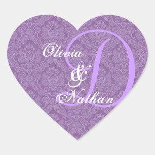 Cœur Sticker Monogramme D violet et blanc Mariage