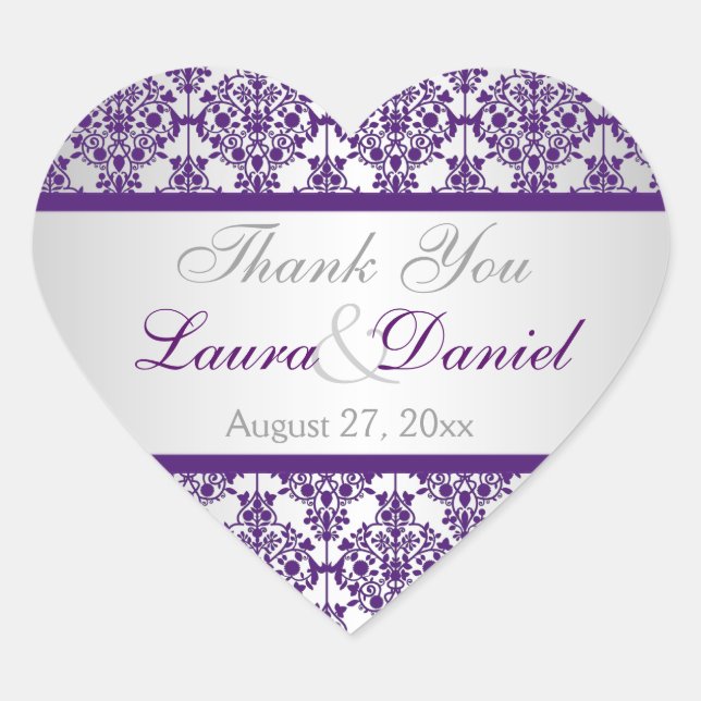Cœur Sticker Privilège Mariage damassé Argent et Violet (Devant)