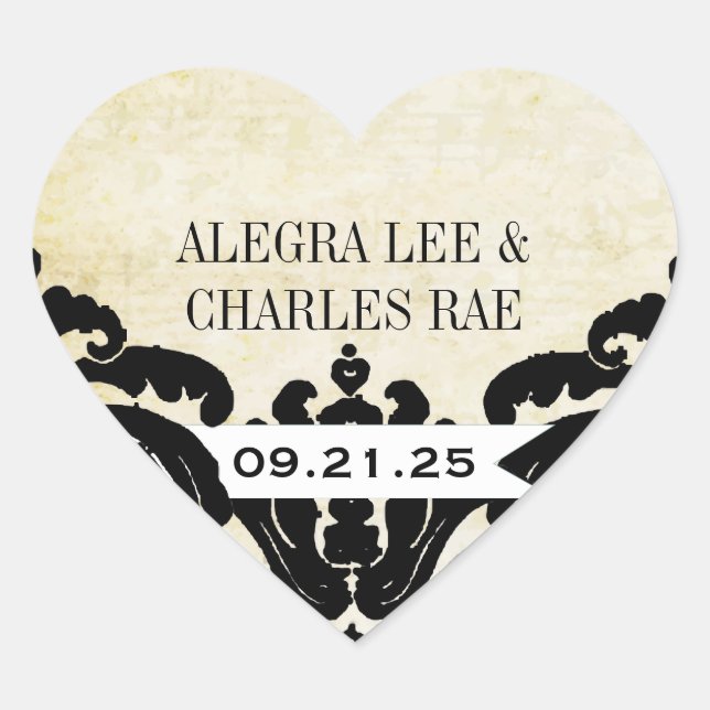 Cœur Sticker vintage Black Mariage damassé (Devant)