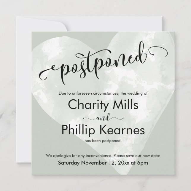 Coeur sur Sage Green Mariage reporté Faire-part (Devant)