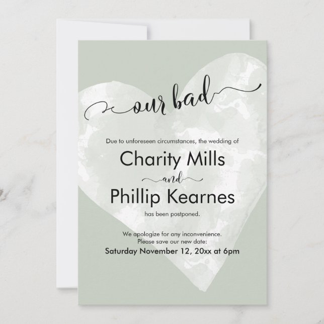 Coeur sur Sage Green Notre mauvaise carte Mariage  (Devant)