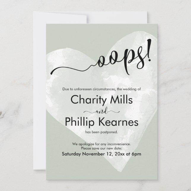 Coeur sur Sage Green Oops! Carte Mariage reportée (Devant)