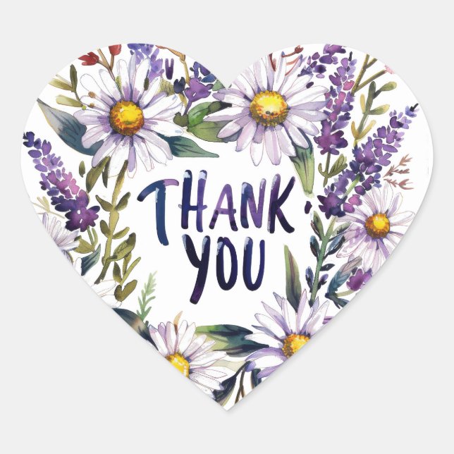 Cœur Thank you. Beautiful Daisies and lavender. Sticker (Devant)