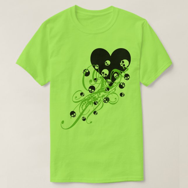 Coeur vert avec crânes et perruques T-shirt (Design devant)