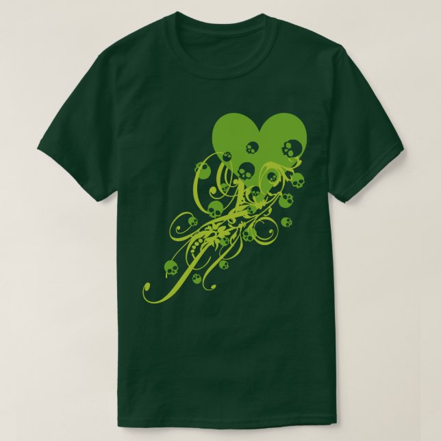 Coeur vert avec crânes et perruques T-shirt (Design devant)