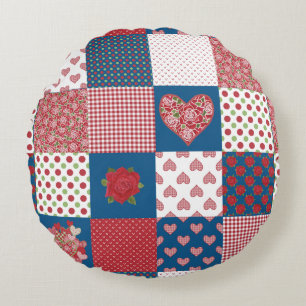 Coeurs chics et Rose Faux Patchwork Round Coussin