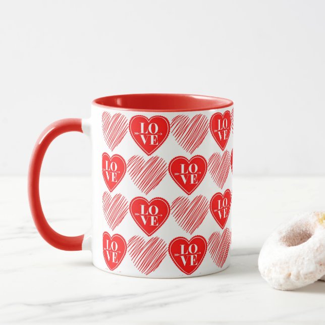 Coeurs d'amour blanc rouge Mug (Avec donut)