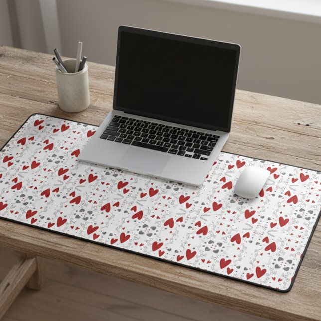Cœurs d'amour rétro rouge et noir dessinés à la ma (red and black hand drawn hearts and doodles desk mat for home office work gift for daughter mom her)