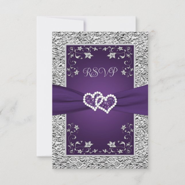 Coeurs d'amour violet, gris (PETIT) Mariage RSVP (Devant)