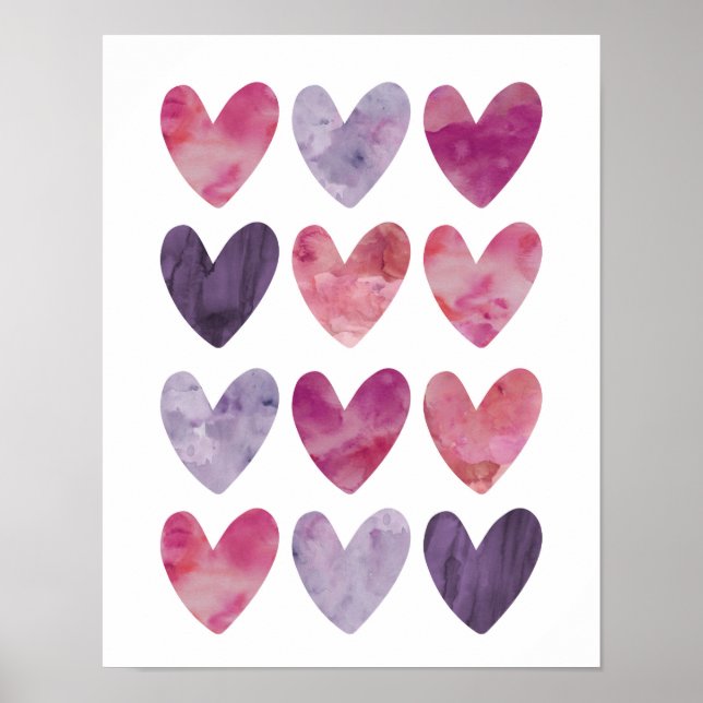 Coeurs d'aquarelle rose et violet imprimé affiche (Devant)