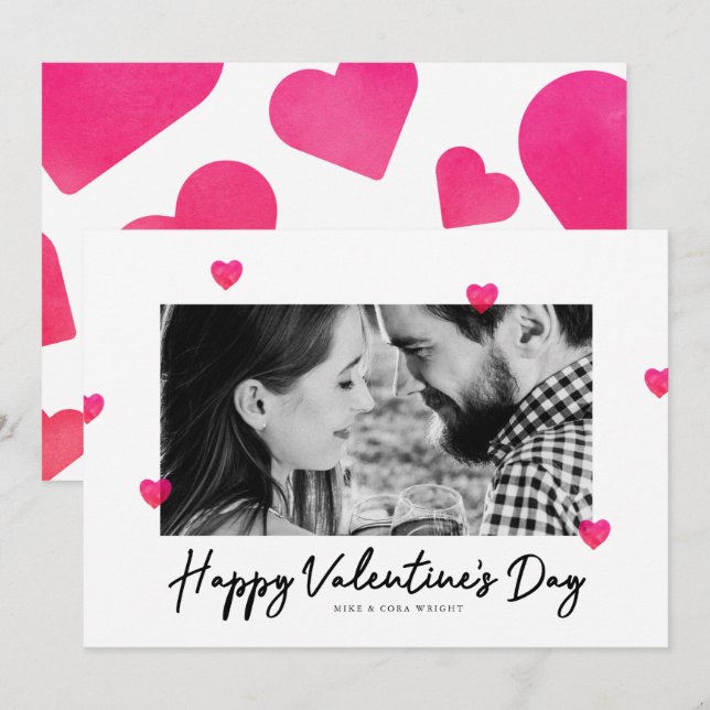 Coeurs d'aquarelle rose Saint-Valentin Carte photo (Devant / Derrière)