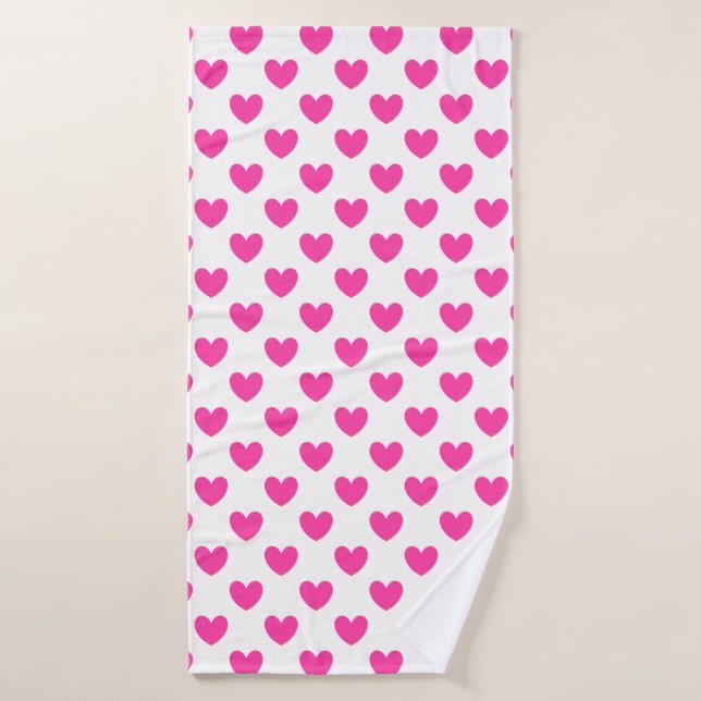 Coeurs de polka rose Fuchsia sur blanc (Serviette de bain)