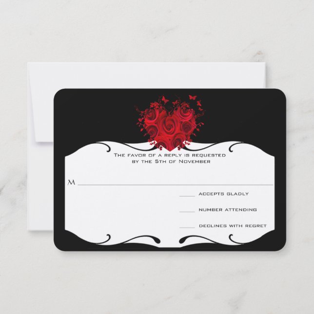 Cœurs de Roses Rouges et Papillons sur RSVP Noir (Dos)