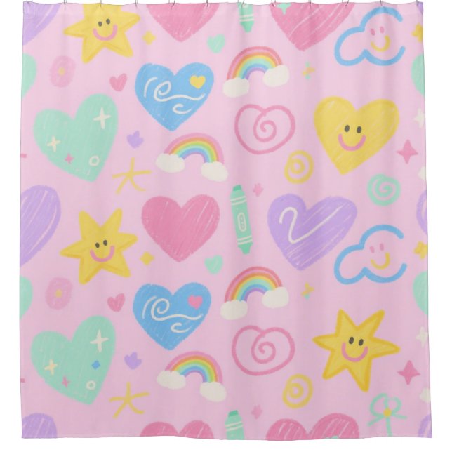 Coeurs & Doodles Douche Rideau - Pastel Pop (Devant)