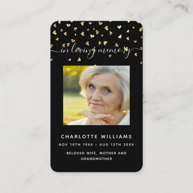 Coeurs d'or noir photo carte de prière funéraire (Devant)