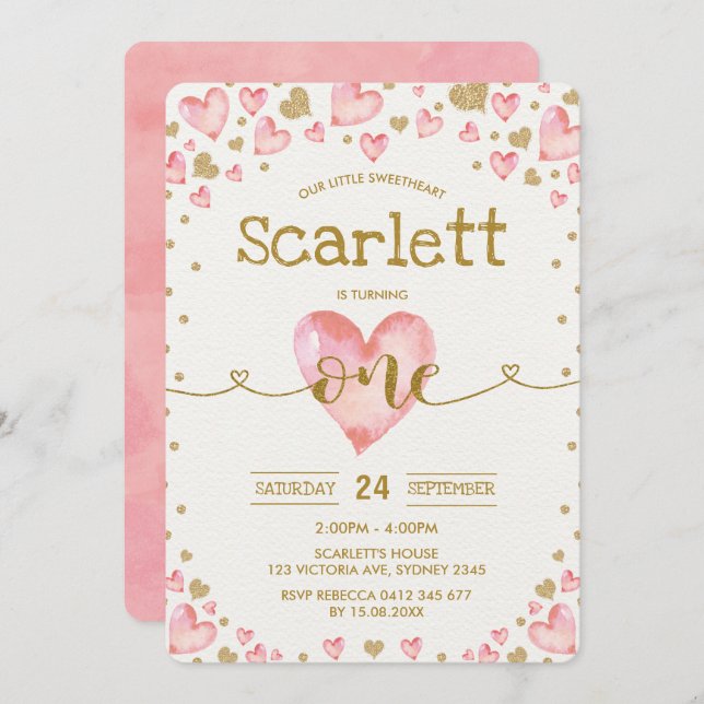 Coeurs d'or rose amoureux 1er Invitation anniversa (Devant / Derrière)