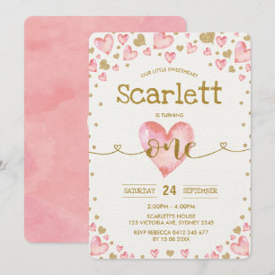Coeurs d'or rose amoureux 1er Invitation anniversa