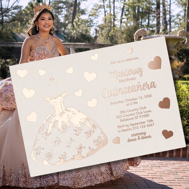 Coeurs d'or Rose ivoire Quinceañera Invitation (Créateur téléchargé)