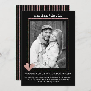Coeurs d'or rose noir mariage photo invitation