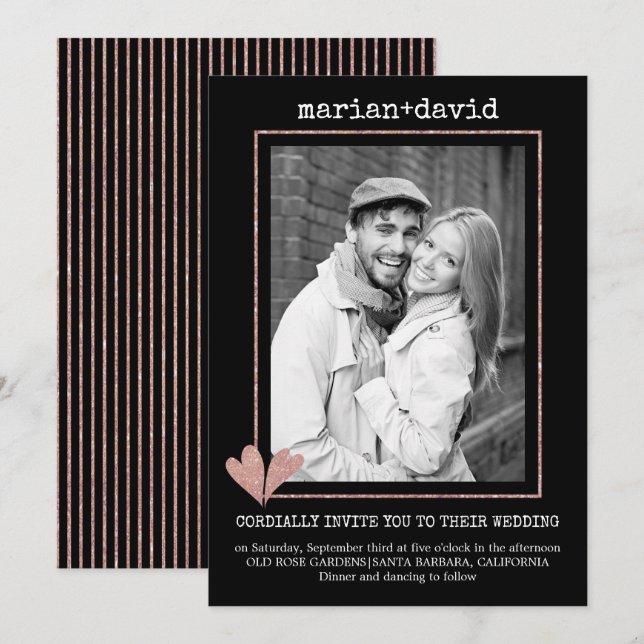 Coeurs d'or rose noir mariage photo invitation (Devant / Derrière)