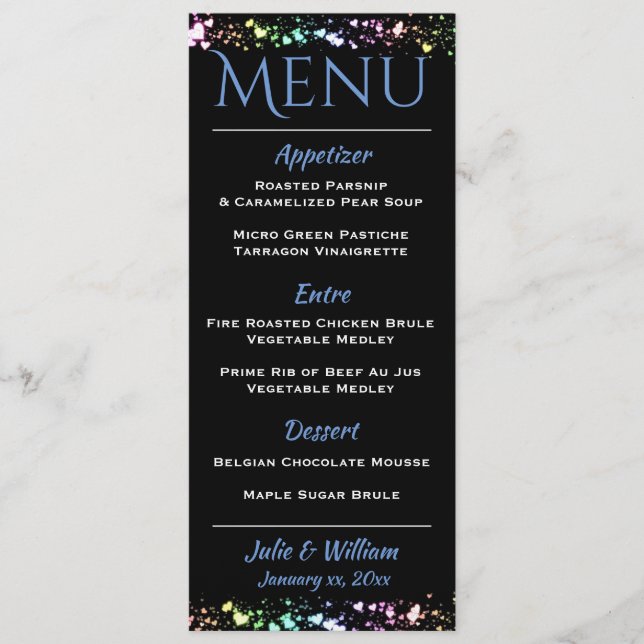 Coeurs et étoiles - Carte de menu Mariage (Devant)