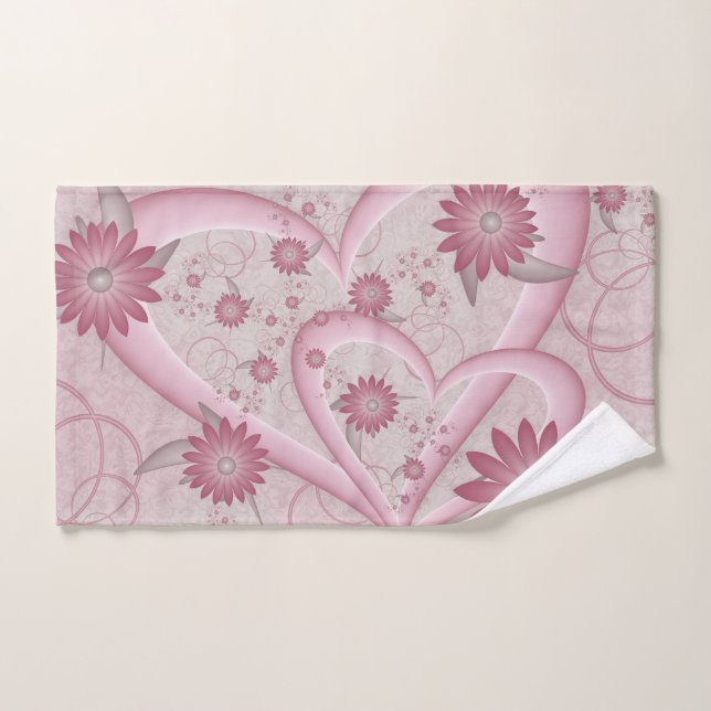 Cœurs et fleurs abstraits roses Amour Art fractal (Serviette à main)