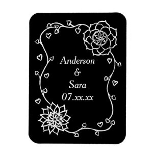 Coeurs et fleurs blancs sur le noir Magnets de dat