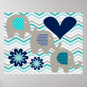 Coeurs et fleurs Elephant Nursery Poster