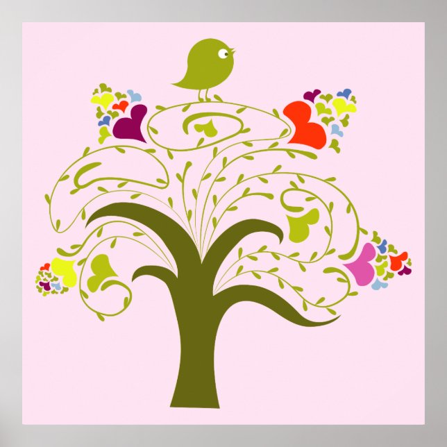 Coeurs Et Oiseaux Sur Une Belle Impression D'Affic (Devant)