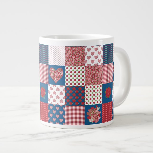 Coeurs et Rose Faux Patchwork Jumbo Coffee Mug (Devant droit)