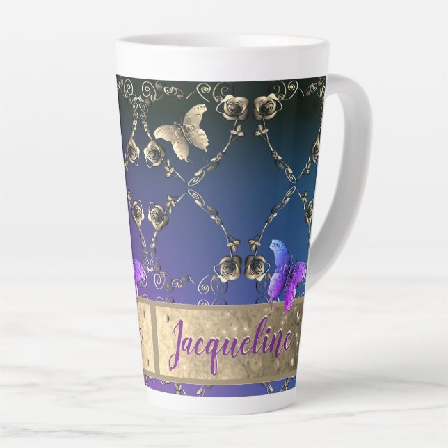 Coeurs fantaisie Dégradé pourpre avec nom Mug latt (Angle droit)