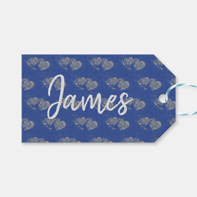 Cœurs Gris, Aspect Jean Bleu, Étiquette de Cadeau  (Devant (Horizontal))