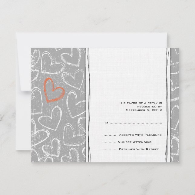 Coeurs Gris et Orange Grunge Mariage RSVP (Devant)