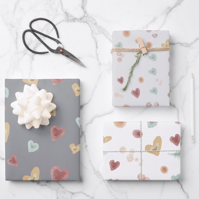 Coeurs gris | Papier d'enveloppement aquarelle (Créateur téléchargé)