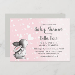 Coeurs gris rose Bunny Girl Baby shower Invitation