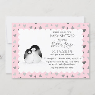 Coeurs gris rose Pingouins Bébé Douche Invitations