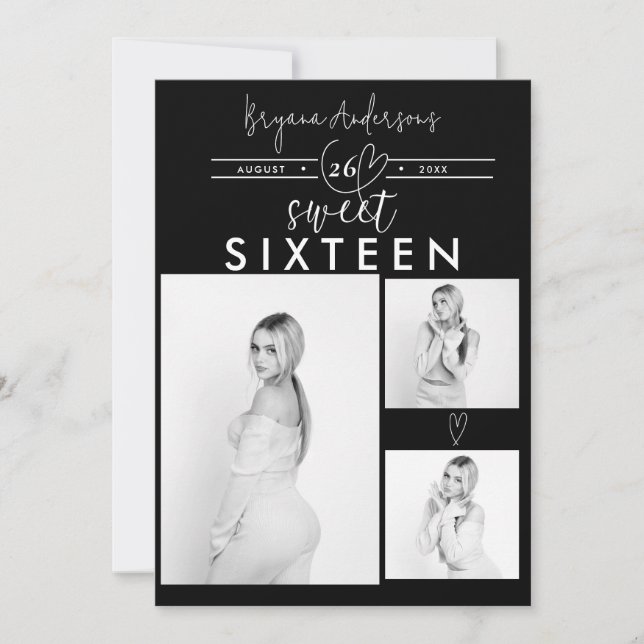 Coeurs modernes Black & White Photo Sweet 16 Party (Devant)