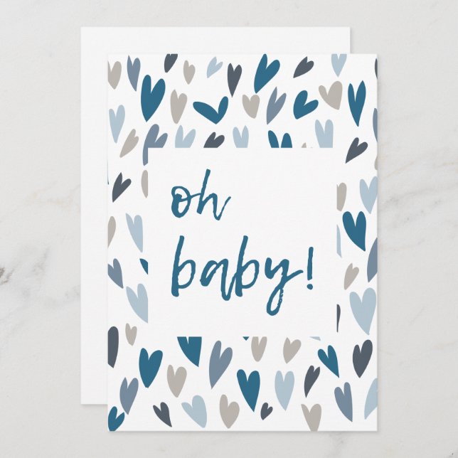 Coeurs modernes Blue Boy Oh Baby shower Invitation (Devant / Derrière)