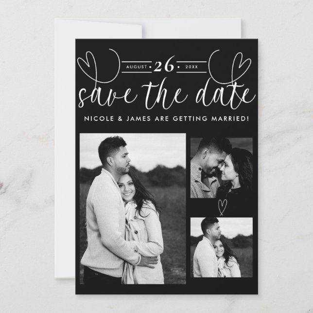 Cœurs modernes chic noir et blanc Save the Date (Devant)