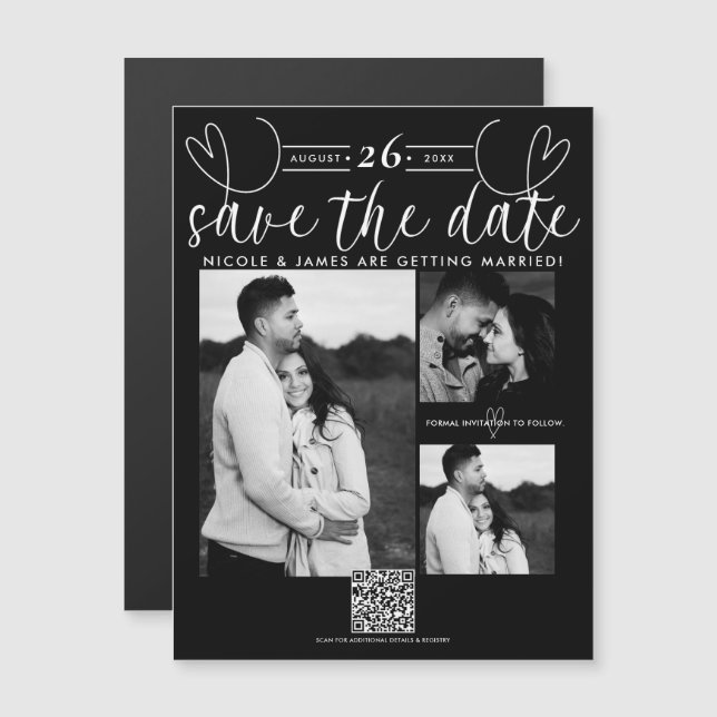 Cœurs modernes chic noir et blanc Save the Date (Devant / Derrière)
